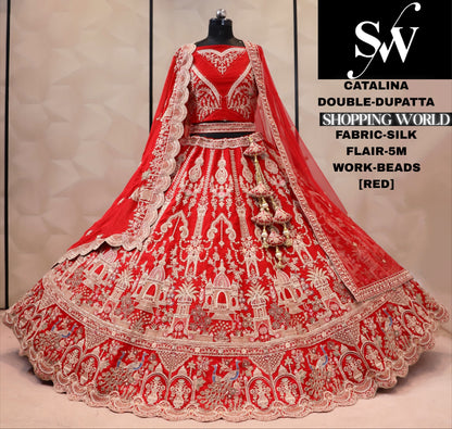 Rasbari cherry pink silk double dupatta bridal Lehenga