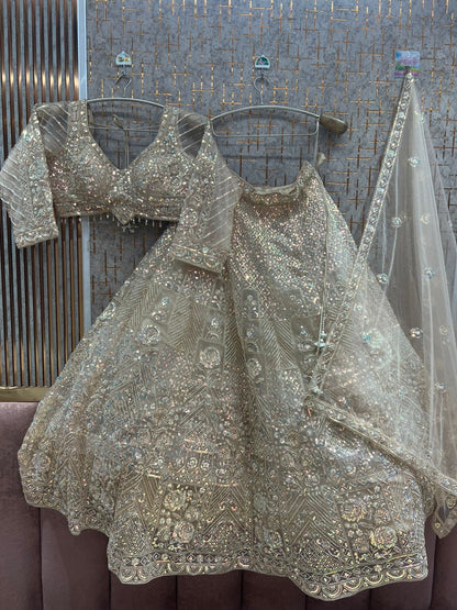 Beige Golden Crop Top Lehenga