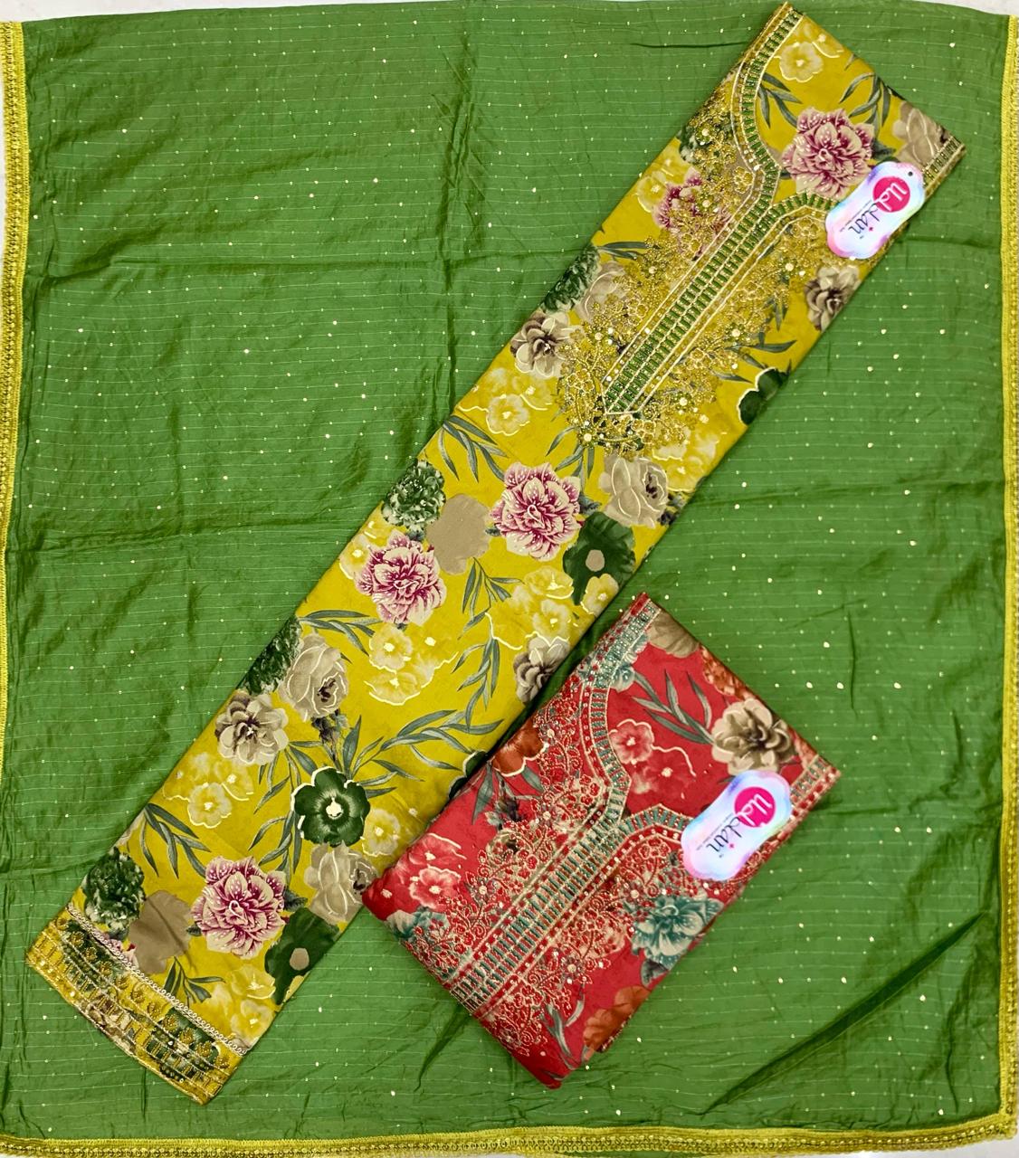 Elegant yellow green unstitched salwar suit dress material (free size)