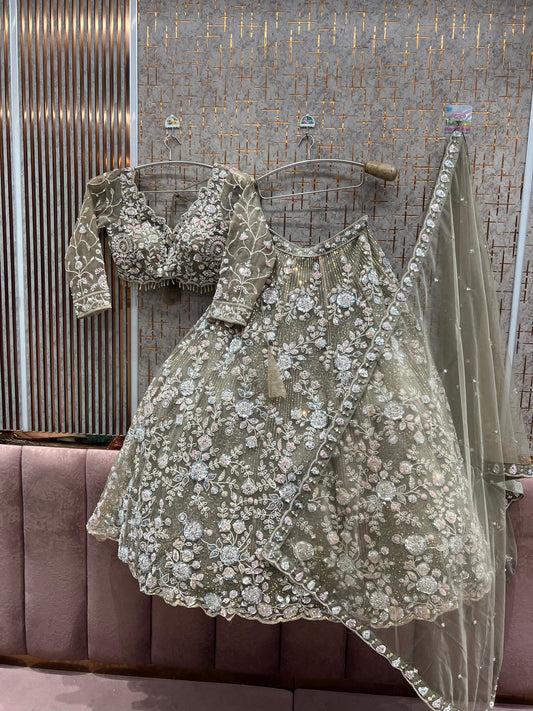 Beautiful olive grey Crop Top Lehenga