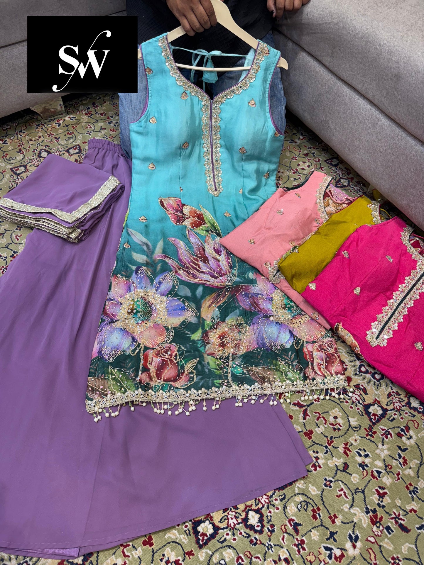 Stunning blue Shrug suit dress material