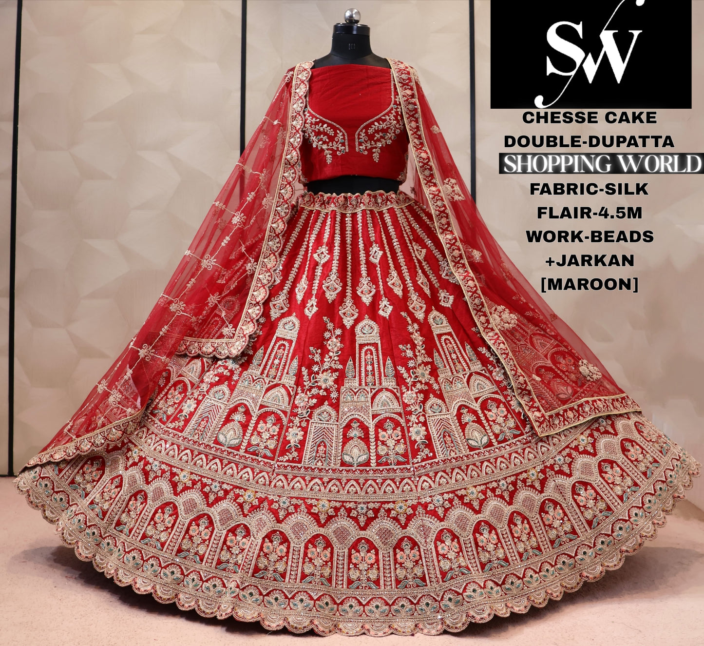 Red silk double dupatta bridal Lehenga