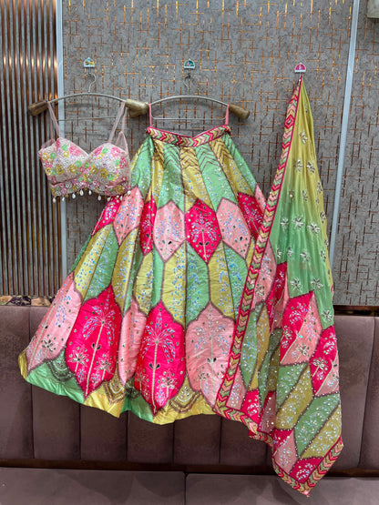 Yellow Green Multicolour Crop Top Lehenga