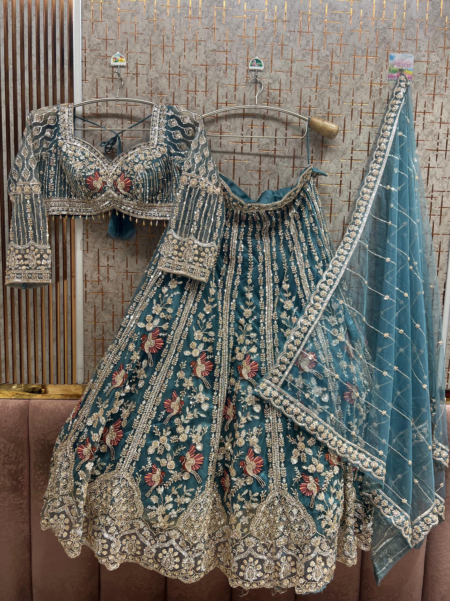 Pista Green Peacock Crop Top Lehenga