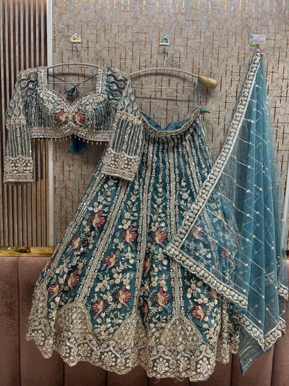 Pista Green Peacock Crop Top Lehenga