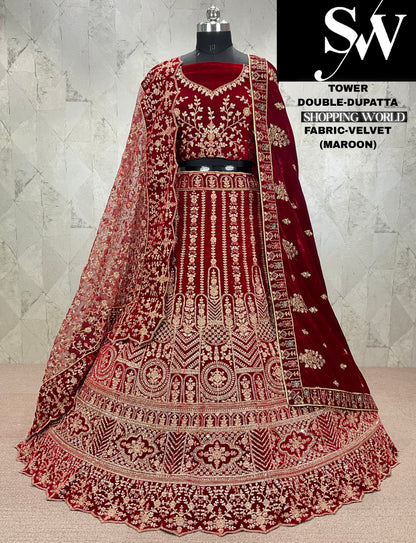 Glamorous dark maroon Velvet bridal Lehenga