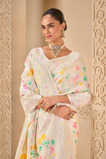 White Tussar Silk Saree 6053