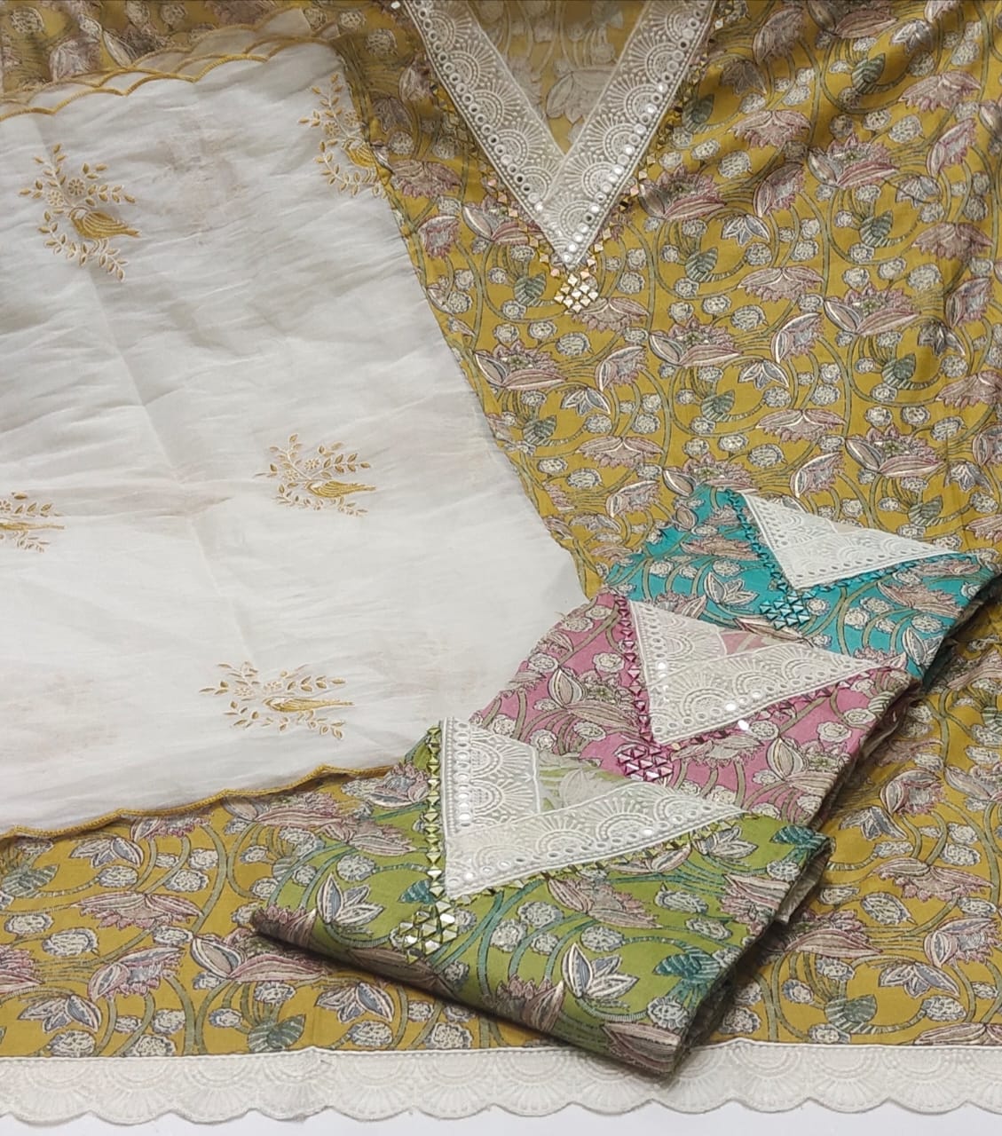 Fantastic mustard pink blue green suit dress material (free size)