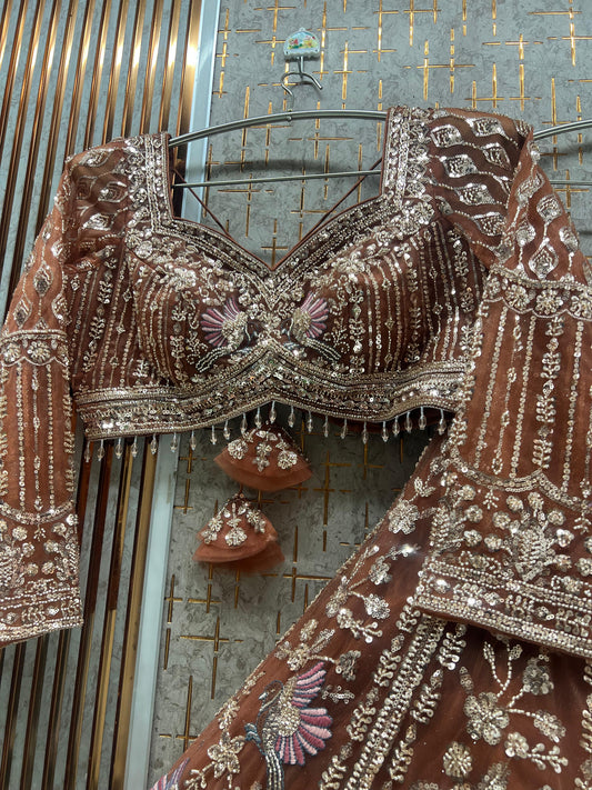 Brown Peach Peacock crop Top Lehenga