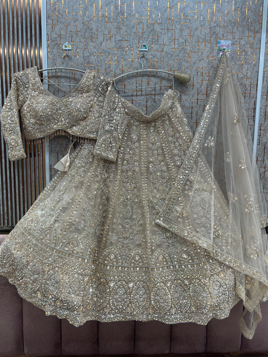 Beige Golden Crop top Lehenga