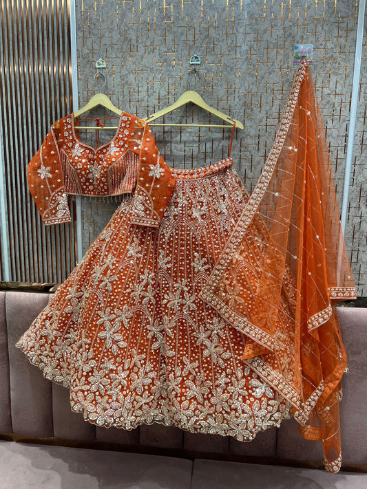 Pretty Orange Floral Crop Top Lehenga