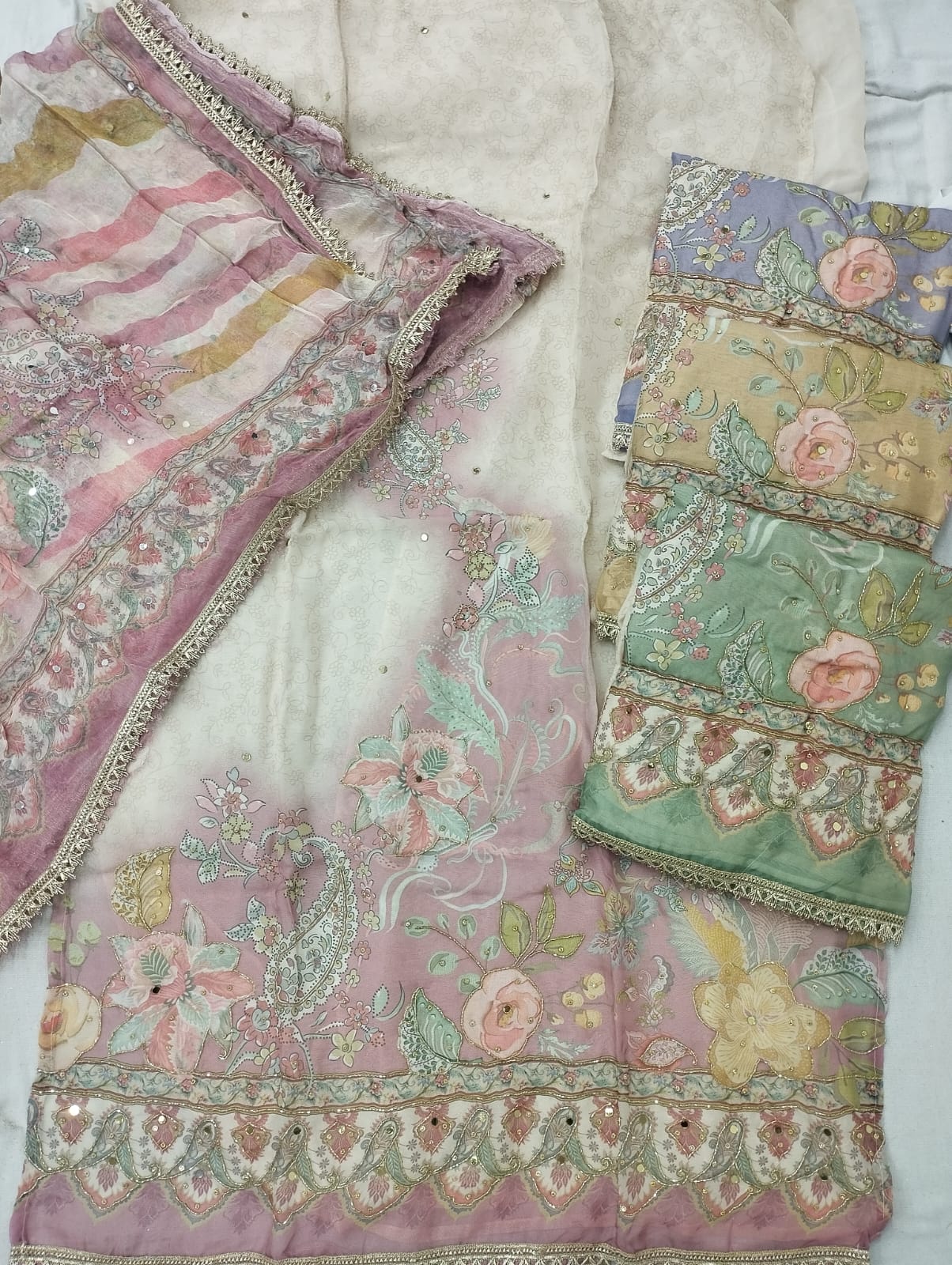 Astonishing white pink green yellow purple unstitched salwar suit dress material (free size)