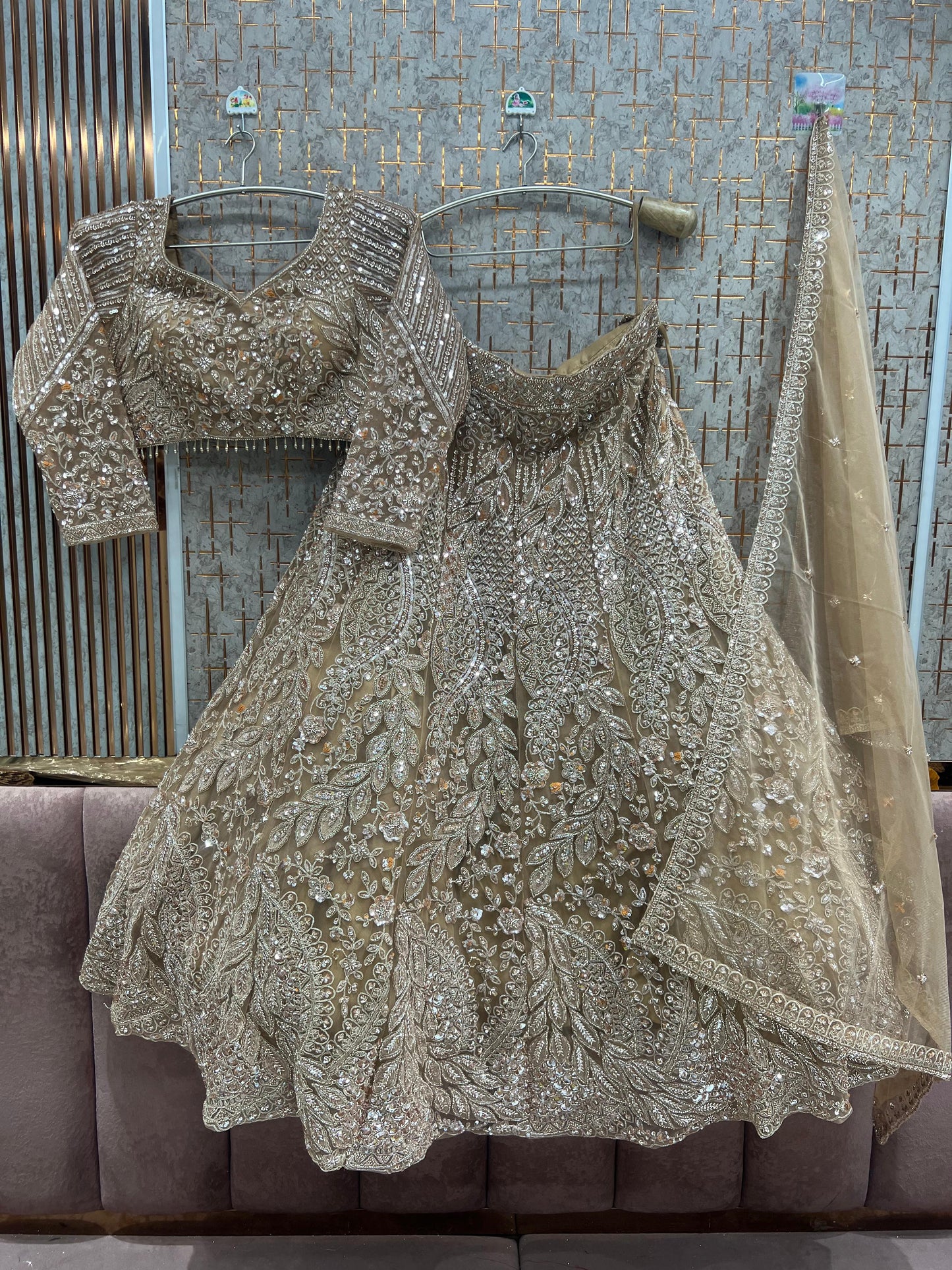 Beige Golden Peacock Crop top Lehenga