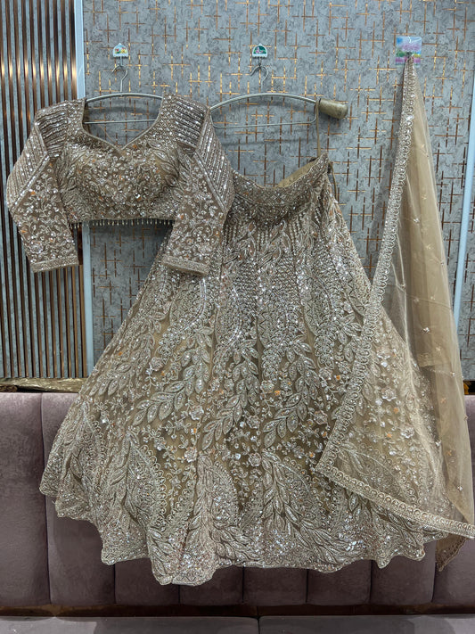 Beige Golden Peacock Crop top Lehenga