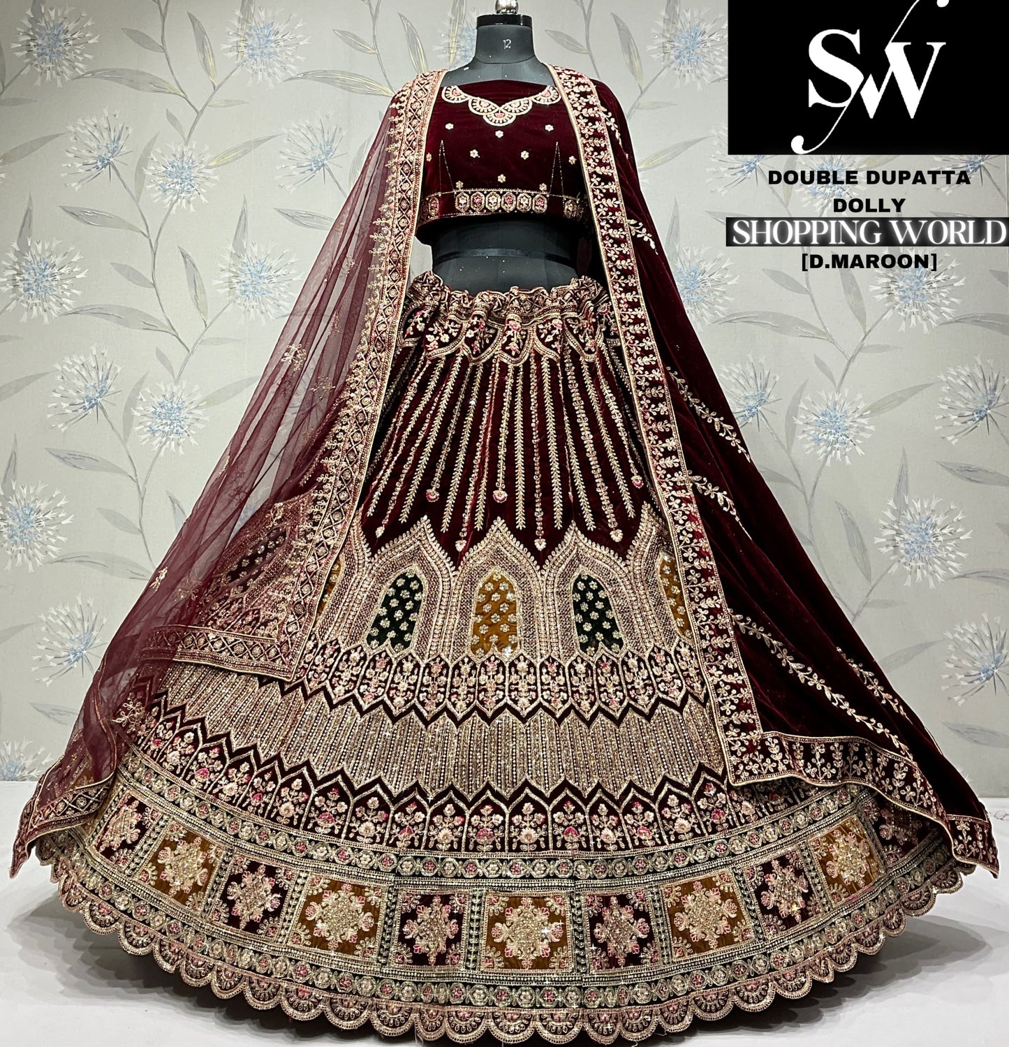 Charming dark maroon Velvet bridal Lehenga
