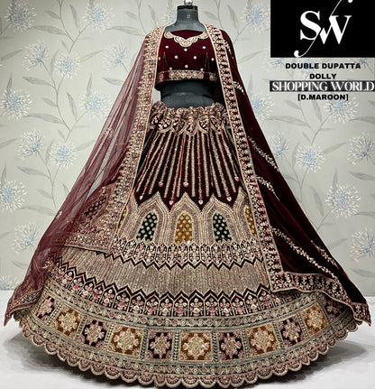 Charming dark maroon Velvet bridal Lehenga