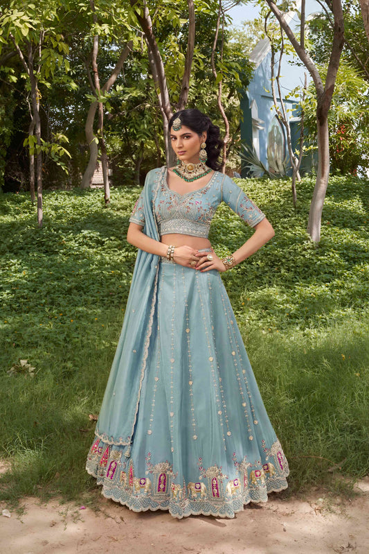 Sky Blue Tissue Fabric Bead Work Lehenga 1139