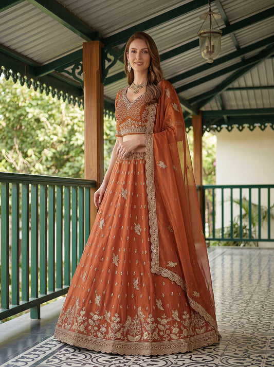 Rust Orange Organza Tissue Fabric Lehenga 1247