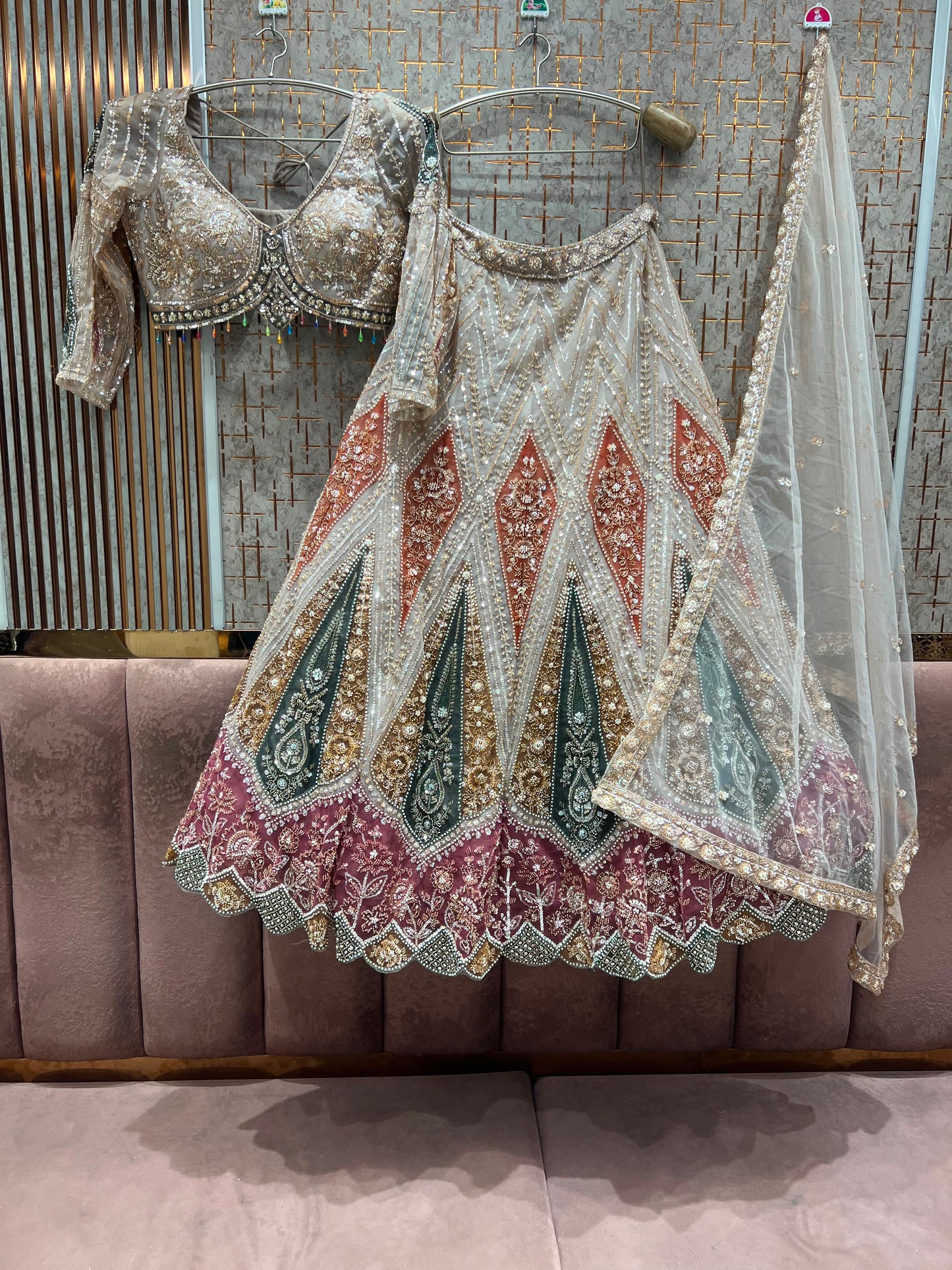 White Green Crop Top Lehenga