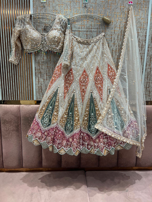 White Green Crop Top Lehenga