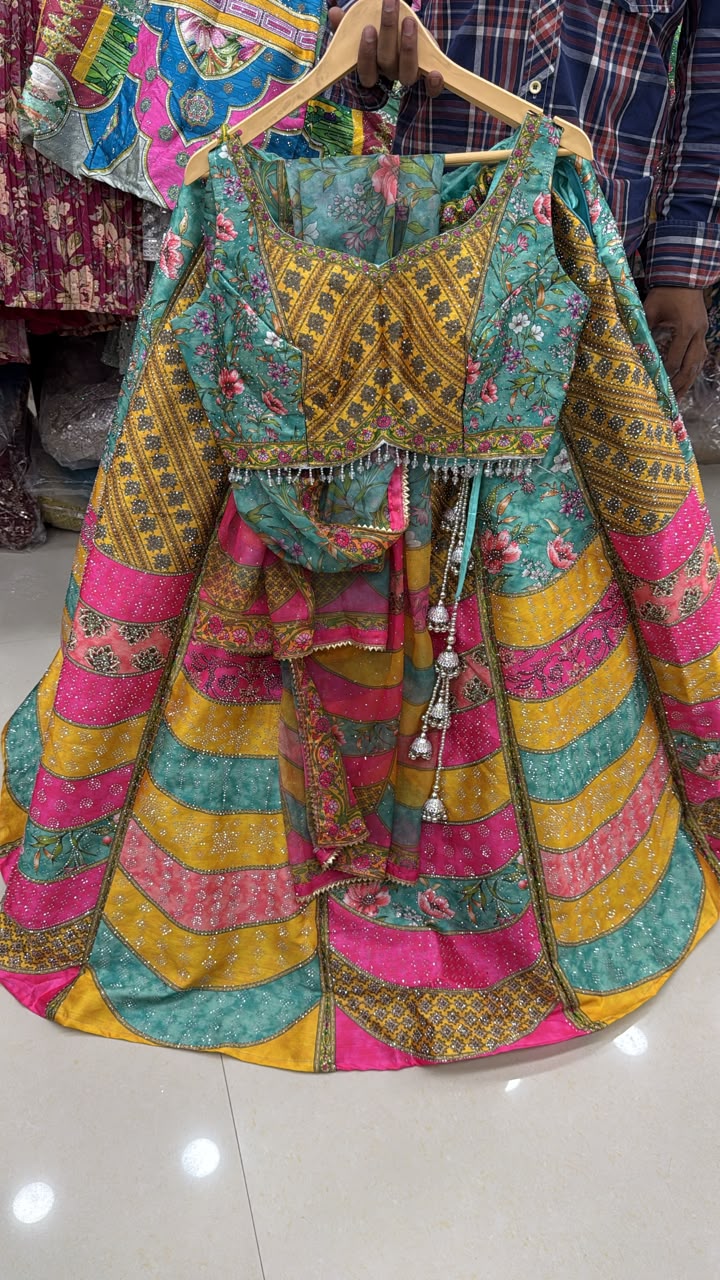 Pink Yellow Blue Double Shade Crop Top Lehenga