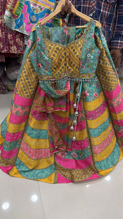 Pink Yellow Blue Double Shade Crop Top Lehenga