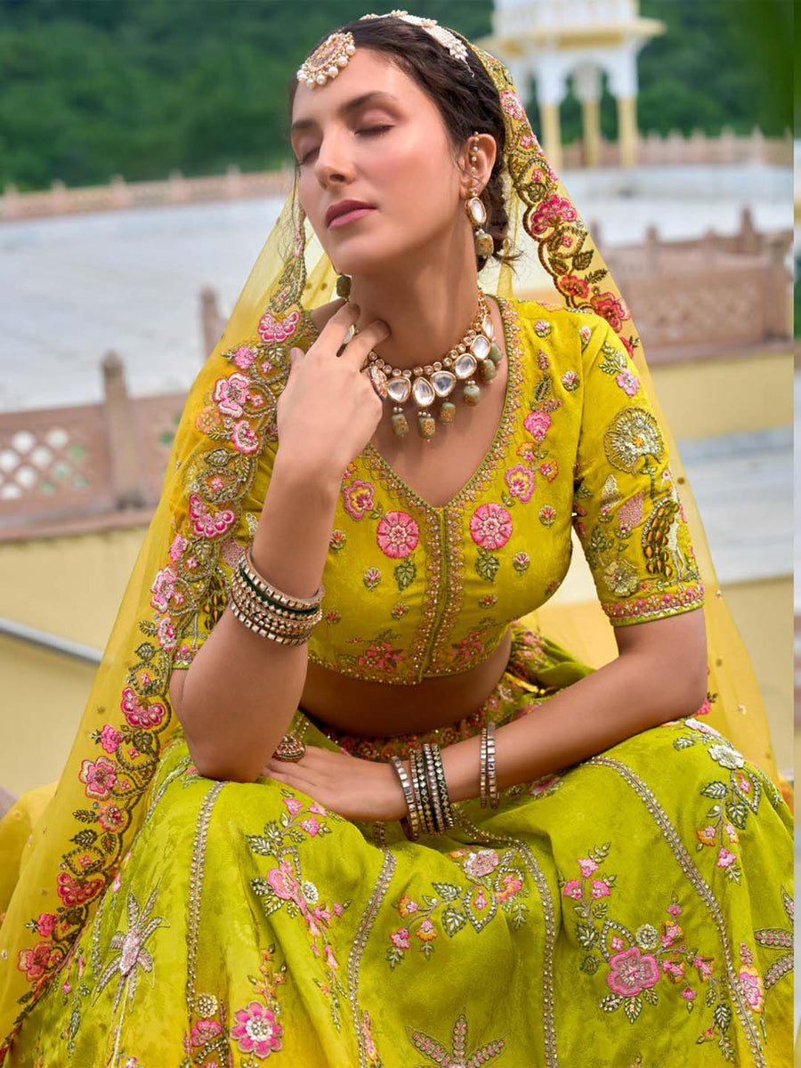 Yellow-Green Shaded Designer Embroidered Cut-Work Silk Semi Stitched Lehenga