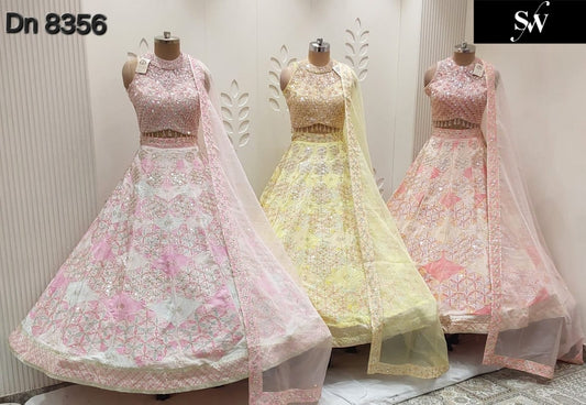 Pink light Yellow light Peach Crop Top Lehenga