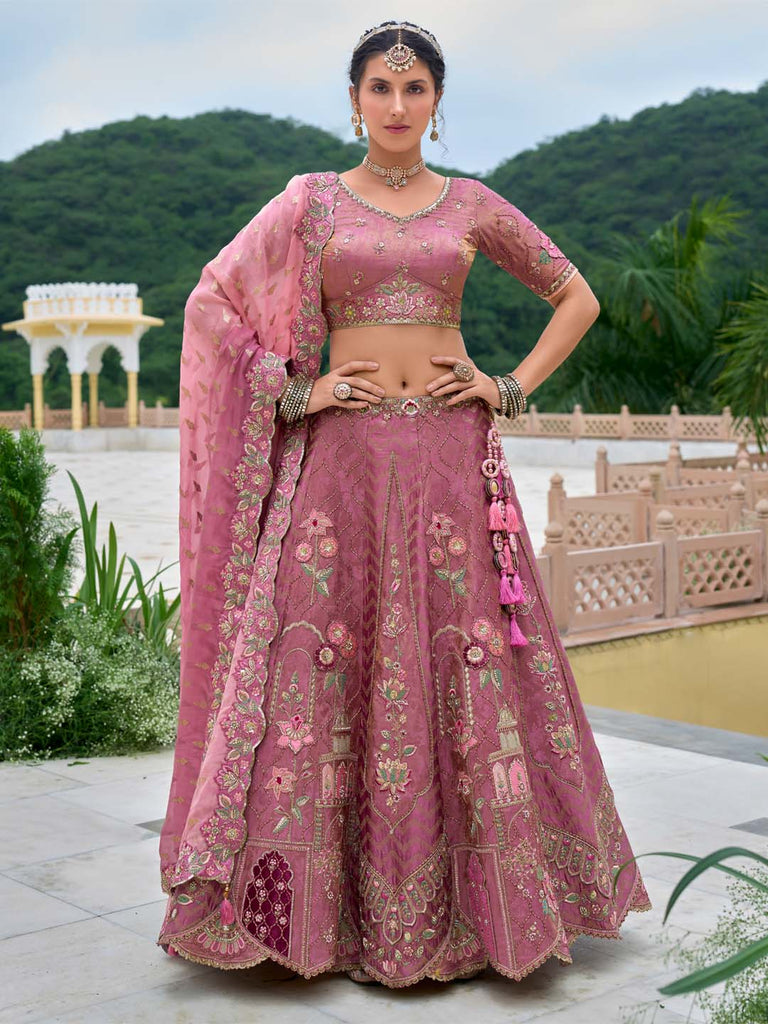 Rosegold Color Patch-Work & Cut-Work Silk Embroidered Semi Stitched lehenga