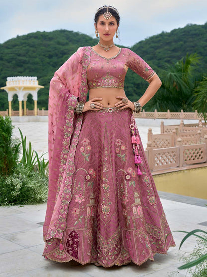 Rosegold Color Patch-Work & Cut-Work Silk Embroidered Semi Stitched lehenga