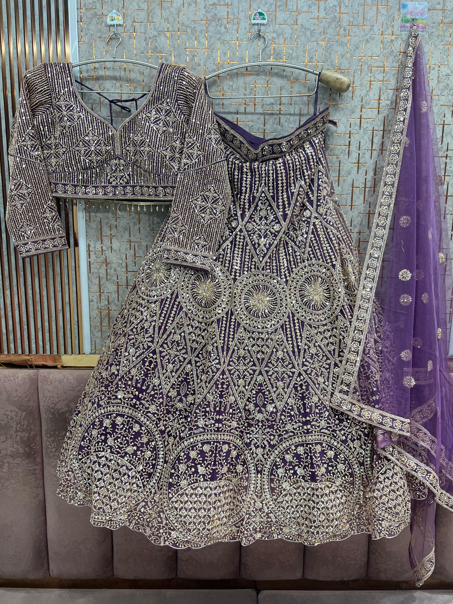 Beige Golden Crop Top Lehenga