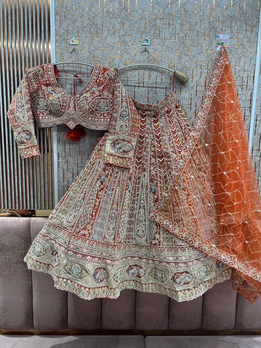 Rust orange peacock Crop top Lehenga