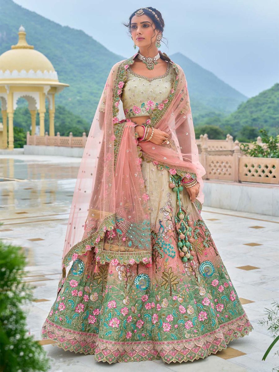 Green-Pink-Off White Heavy Embroidered Mirror Work Semi Stitched Lehenga