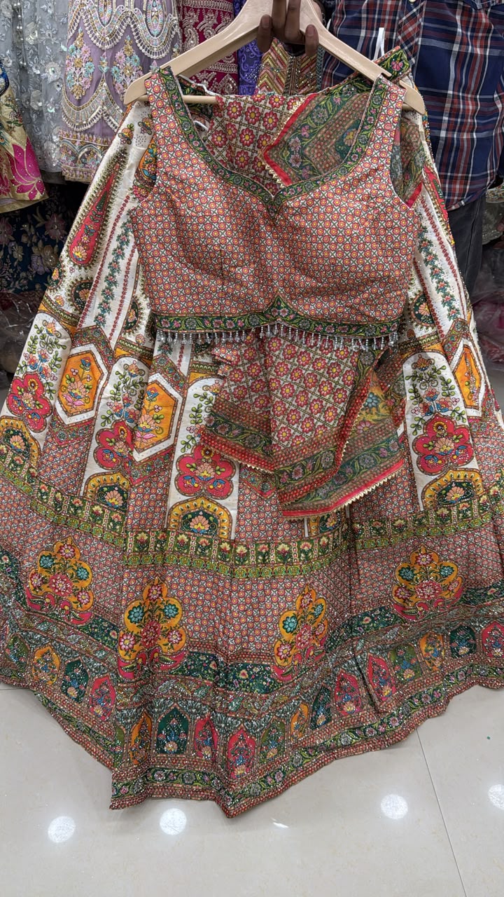 Pink Yellow Blue Double Shade Crop Top Lehenga
