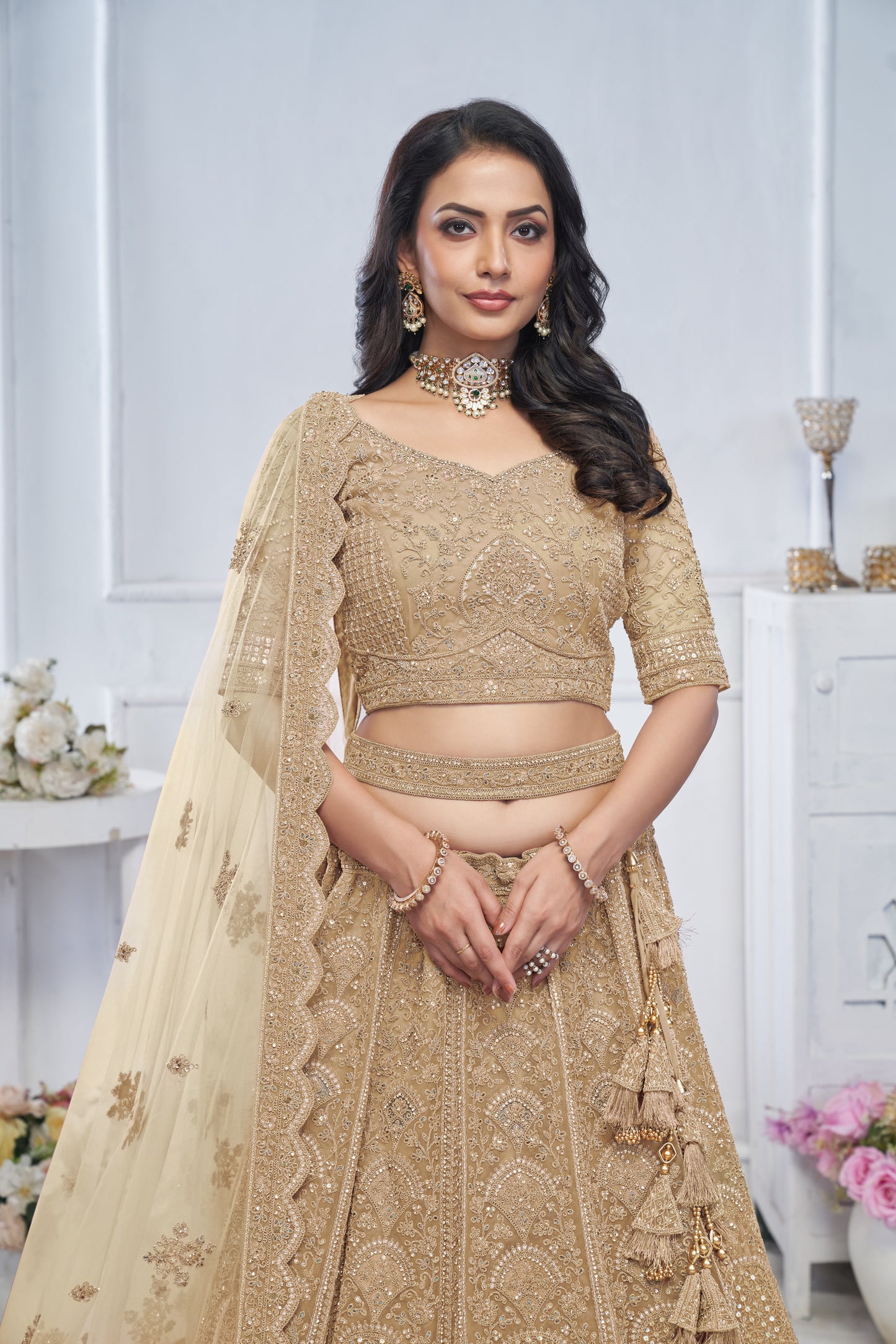 Tremendous beige light golden lehenga