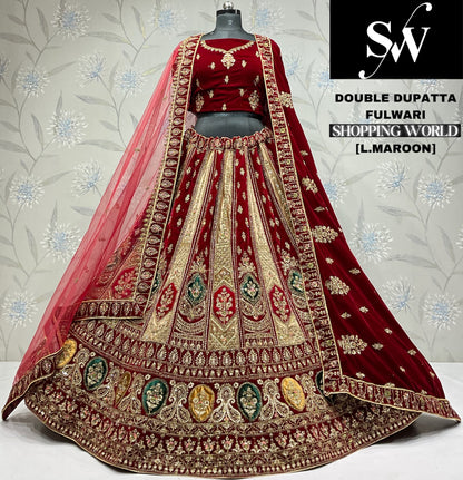 Pleasing maroon Velvet bridal Lehenga