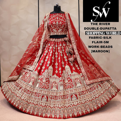 Red silk double dupatta bridal Lehenga