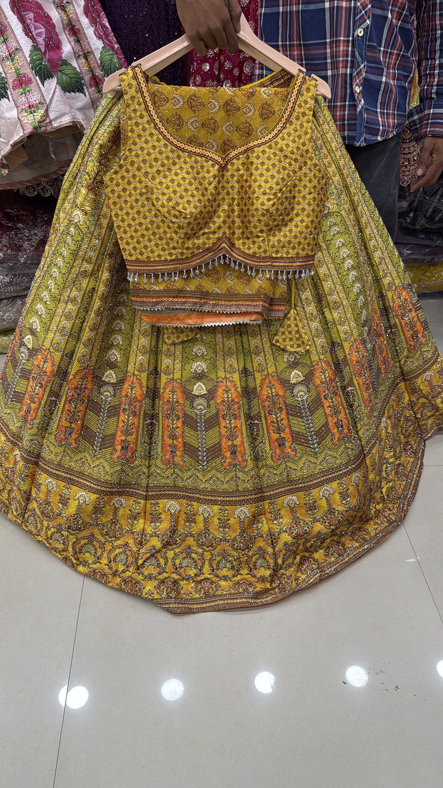 Pink Yellow Blue Double Shade Crop Top Lehenga