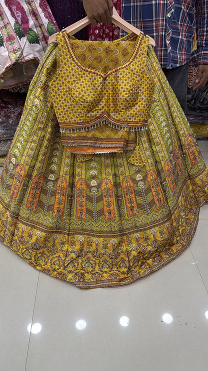 Pink Yellow Blue Double Shade Crop Top Lehenga