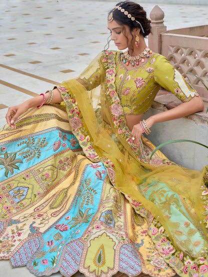 Yellow-Sky Shade Different-Kali Heavy Embroidered Cut-Work Silk Semi Stitched lehenga