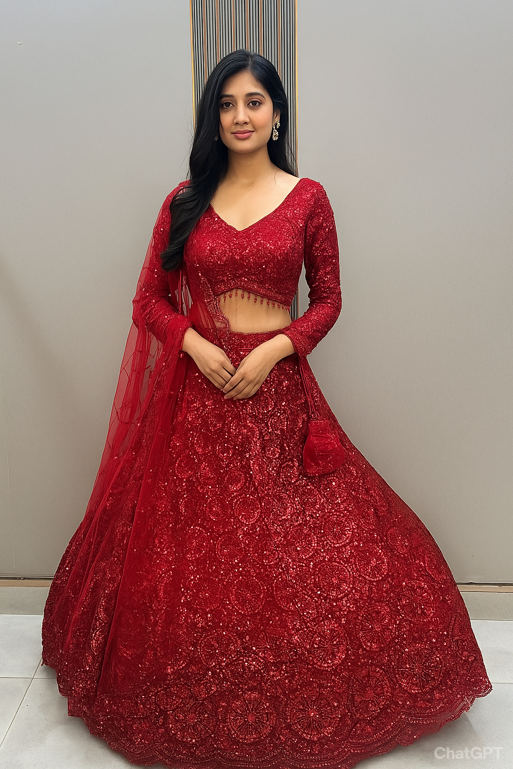 Gorgeous Cherry red on red Monotone Crop top Lehenga