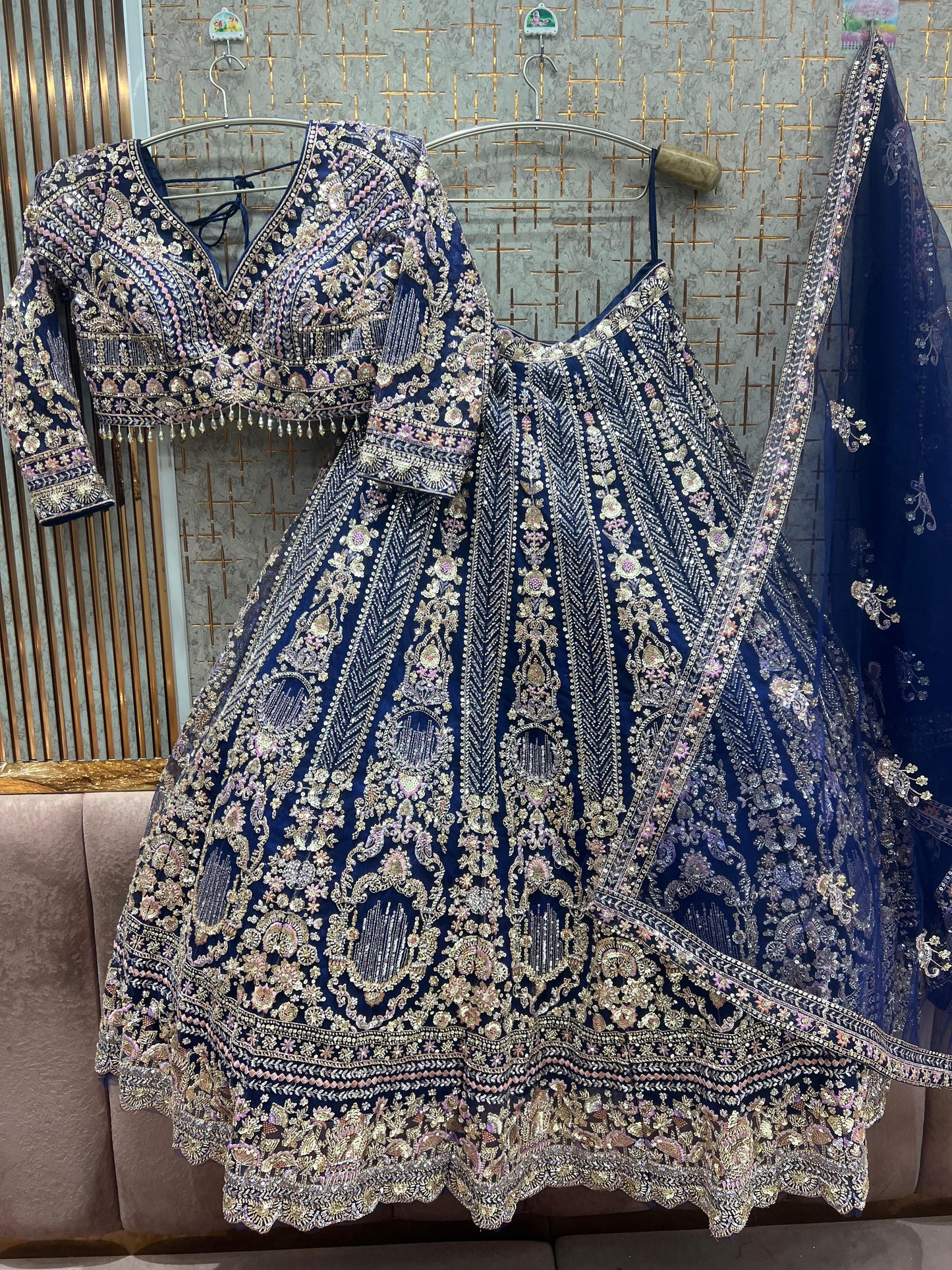 Stunning Beige Golden Crop top Lehenga