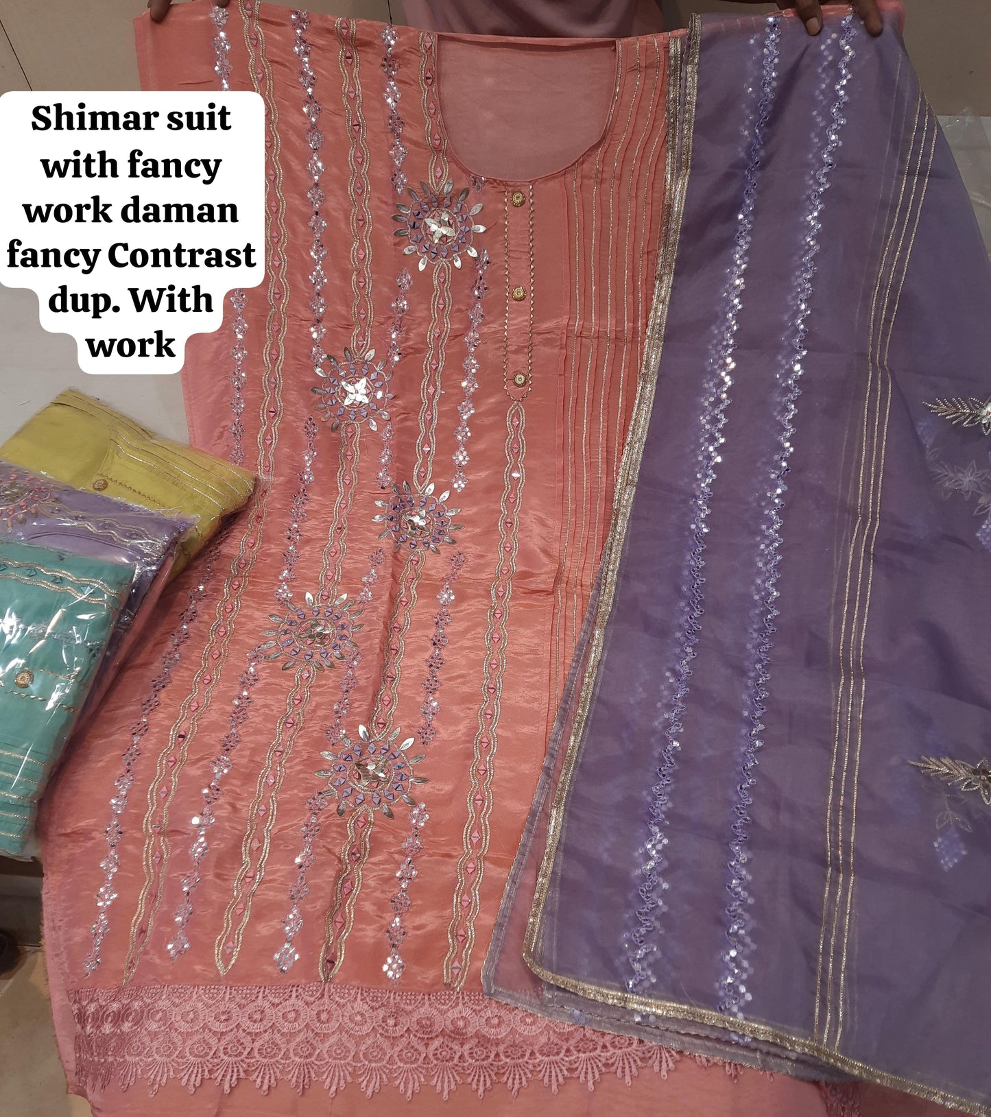 आश्चर्यजनक नारंगी पीच शिमर महिलाओं के अनस्टिच्ड सलवार सूट ड्रेस सामग्री (फ्री साइज़)