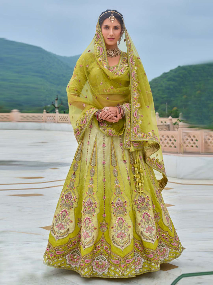 Limegreen Shade Heavy Designer Embroidered Patchwork Silk Semi Stitched Lehenga