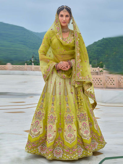 Limegreen Shade Heavy Designer Embroidered Patchwork Silk Semi Stitched Lehenga