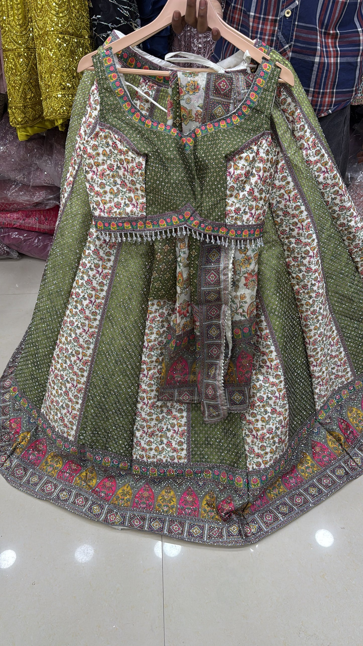 Pink Yellow Blue Double Shade Crop Top Lehenga