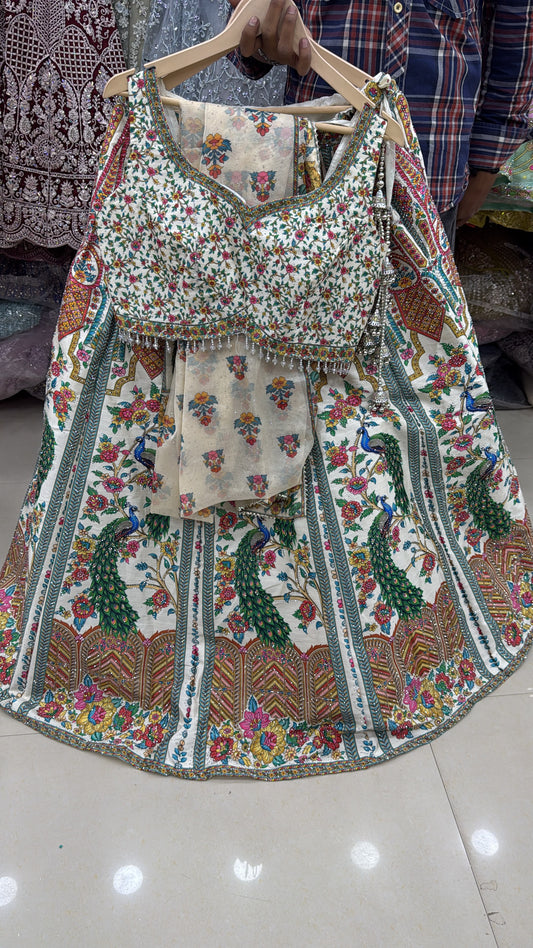 White Green Peacock Double Shade Crop Top Lehenga