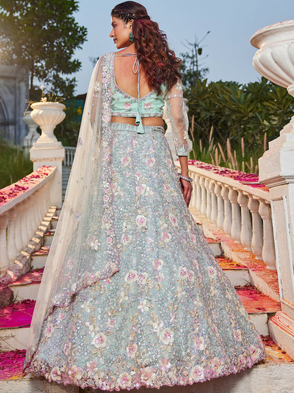 Pink Multi-Color Sequins Work Heavy Floral Embroidered Zarkan Mirror Lehenga