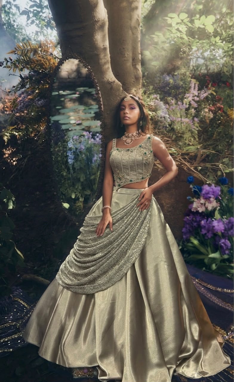 Green Drape Crop Top Lehenga - Shopping World