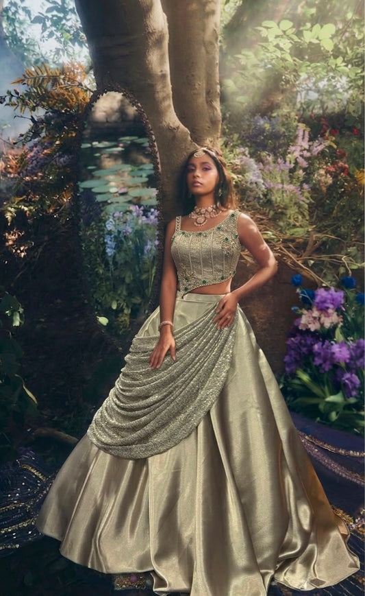 Green Drape Crop Top Lehenga